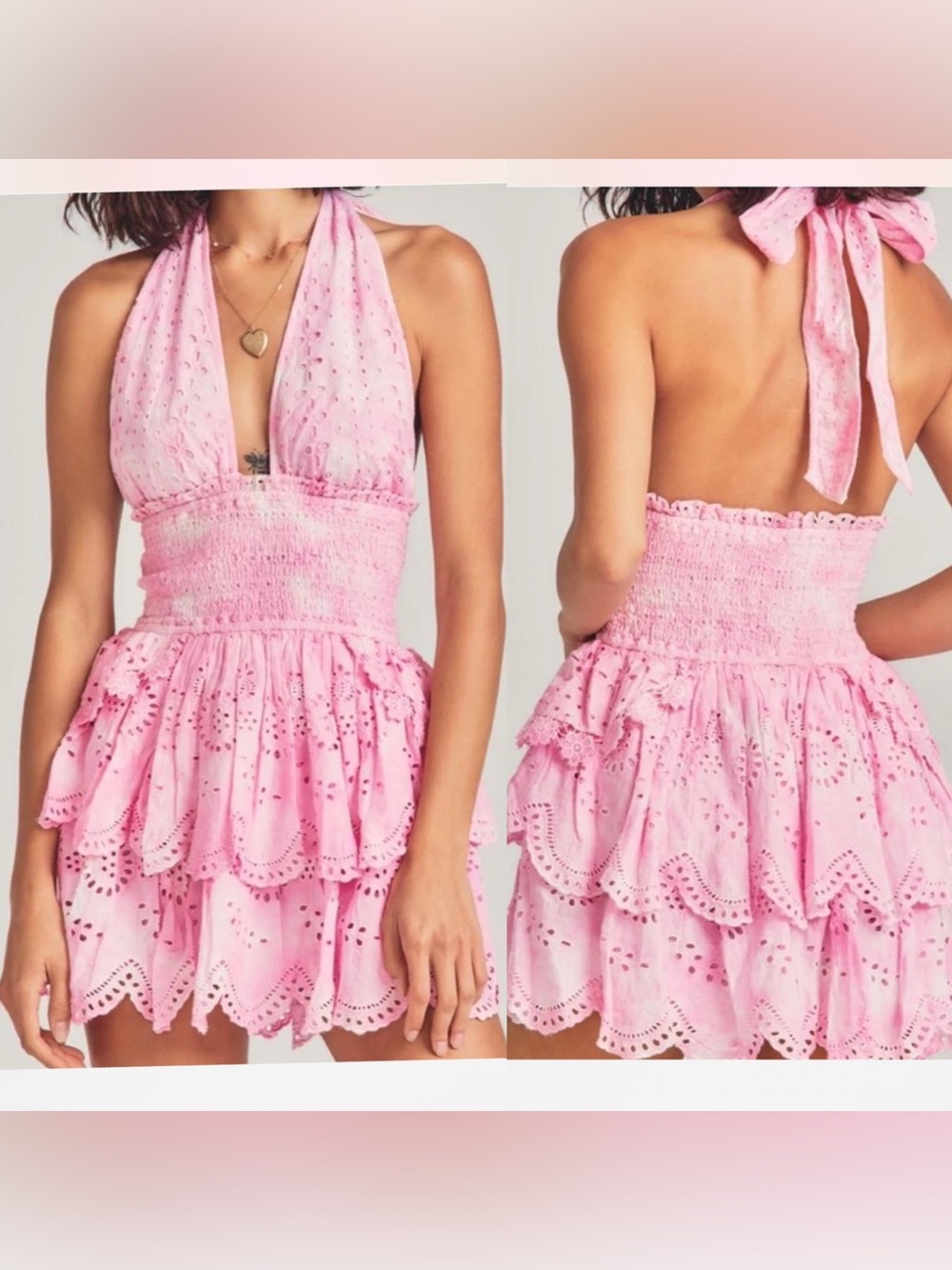 LOVESHACKFANCY Deanna Halter Eyelet Mini Dress in Peony Pink size Petite